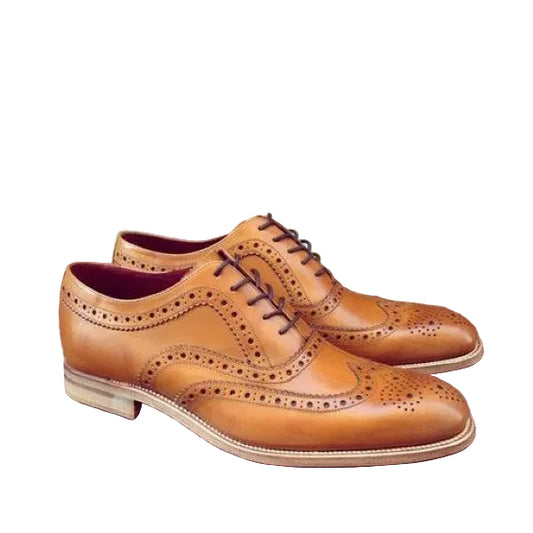Men's Tan Leather Wingtip Brogue Oxford Shoes