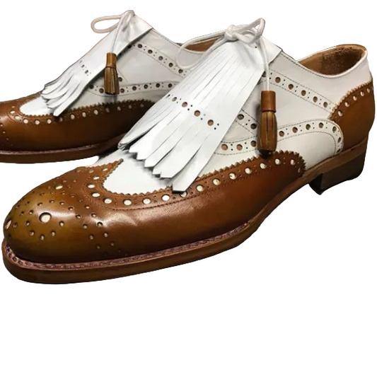 Men's Tan Brown & White Leather Fringed Wingtip Shoes