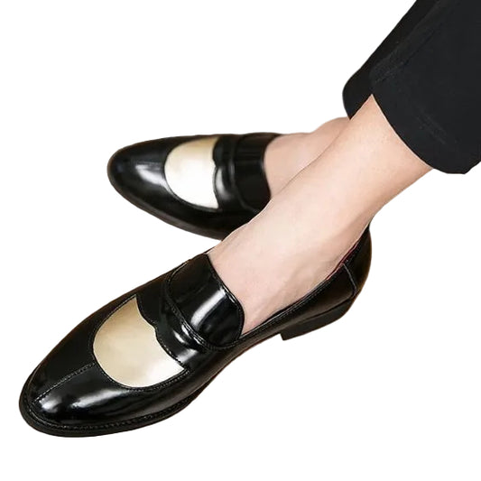 Men's Black & Beige Leather Penny Loafers
