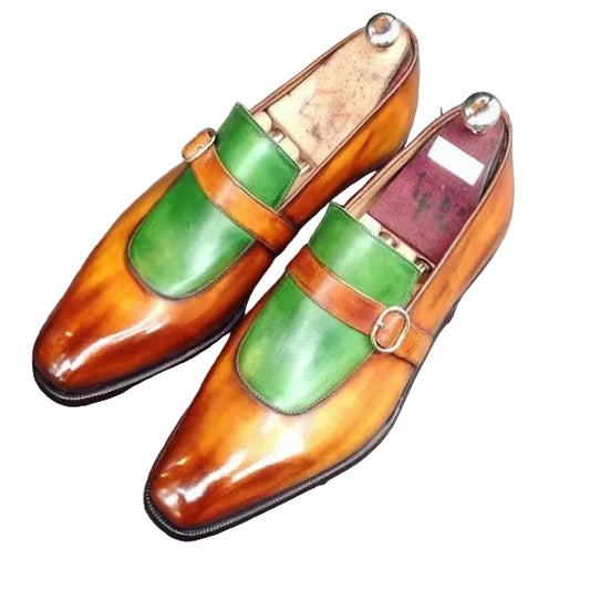 Men's Brown & Green Leather Monk Buckle Dress Loafers
