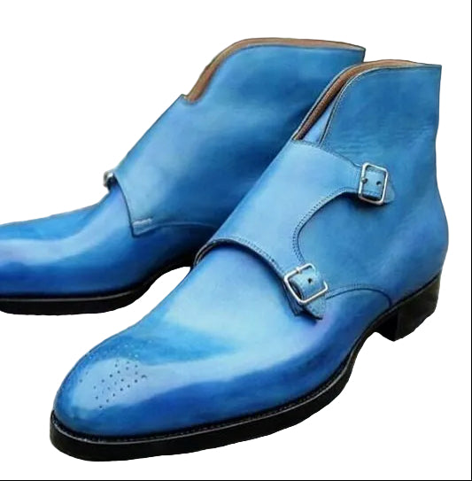 Men's Sky Blue Leather Double Monk Boots