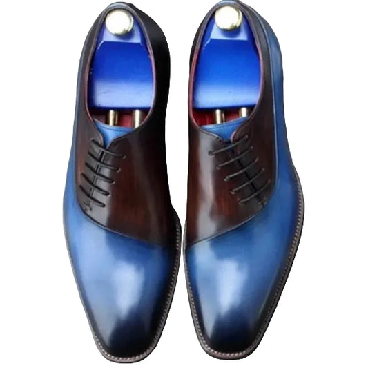 Men's Handmade Blue & Brown Patina Leather Lace Up Shoes