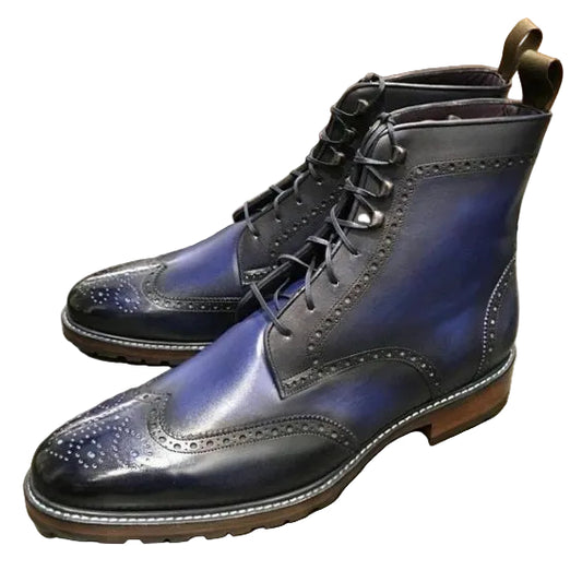 Handmade Men's Blue Patina Leather Wingtip Boots