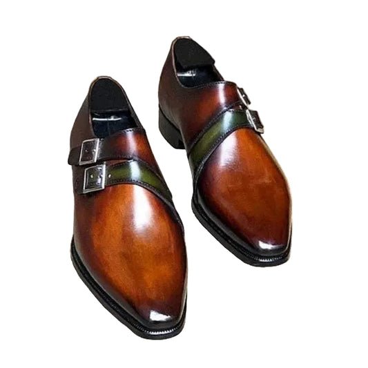 Handmade Men's Brown Patina Leather Double Monk Shoes