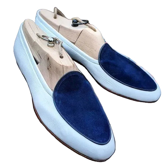 Men's White & Blue Leather Slip On Loafers