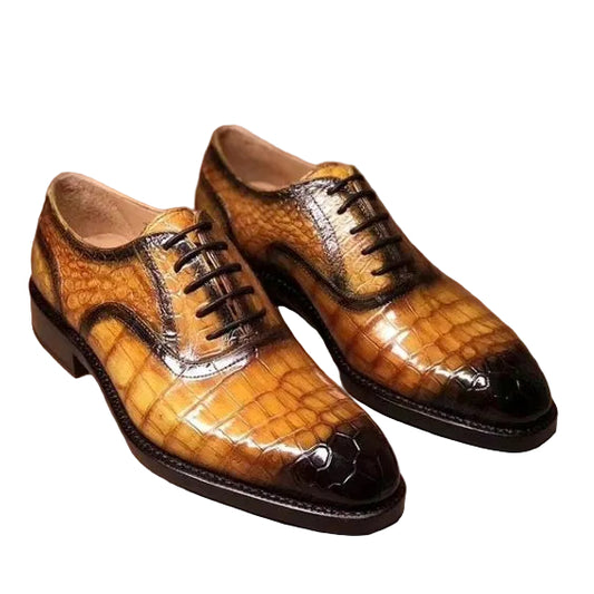Men's Tan Patina Crocodile Leather Spectator Shoes