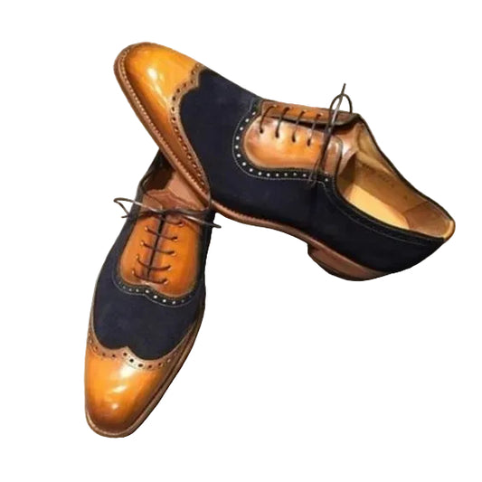 Men's Tan & Navy Blue Suede Leather Wingtip Shoes