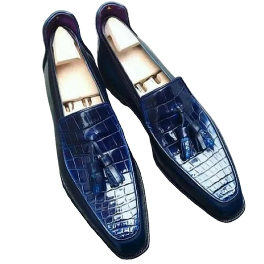 Men's Blue Alligator Texture Leather Tassel Loafers