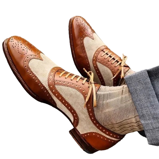 Men's Brown & Beige Suede Leather Wingtip Spectator Shoes