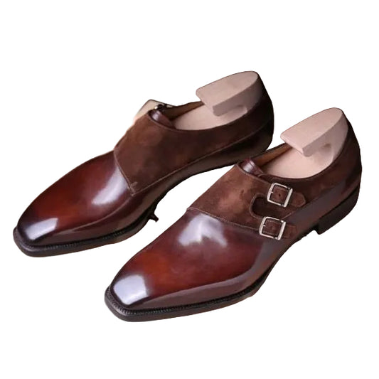 Men's Brown Suede Leather Double Monk Formal Shoes