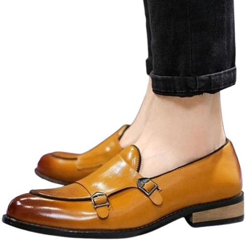 Men's Genuine Tan Leather Double Monk Loafers