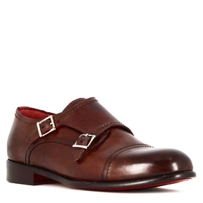 Italian shoe with double buckle for men in light brown suede