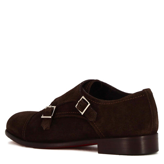 Men's double buckle shoe in dark brown suede