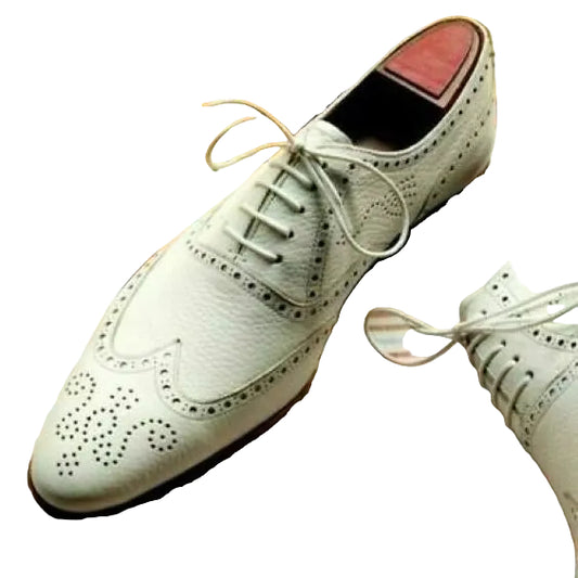 Men's White Genuine Leather Wingtip Oxford Shoes