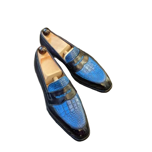 Men's Genuine Black & Blue Leather Penny Loafers