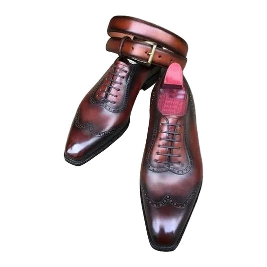 Men's Genuine Brown Leather Wingtip Oxford Shoes