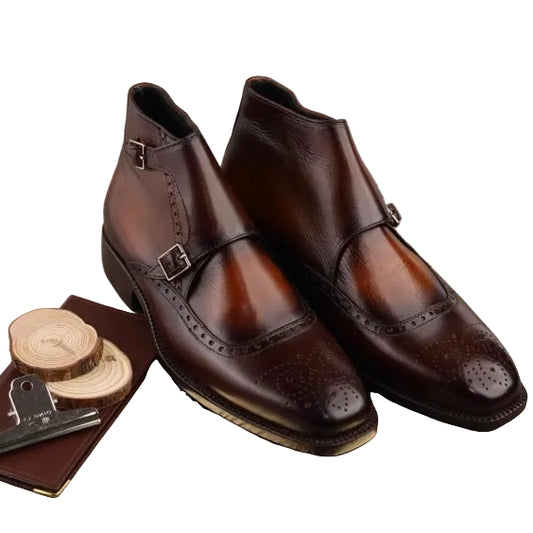 Men's Brown Patina Leather Double Monk Dress Boots