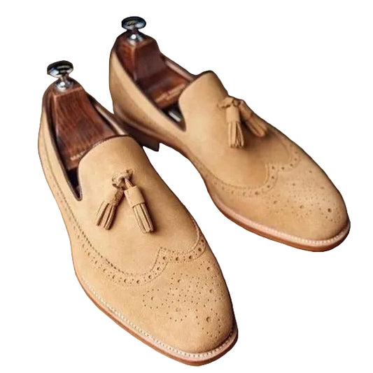 Men's Beige Suede Leather Tassel Loafers