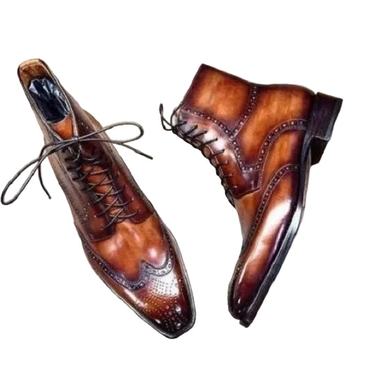 Men's Brown Patina Leather Ankle High Wingtip Boots
