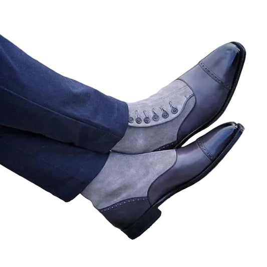 Men's Grey Patina Leather & Suede Button Boots