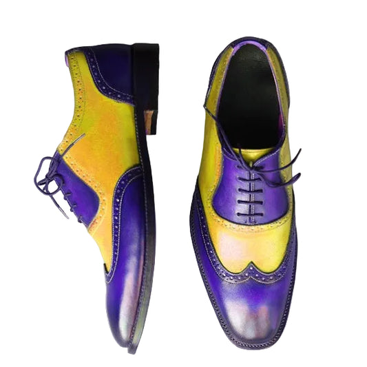 Men's Yellow & Blue Leather Wingtip Oxford Shoes