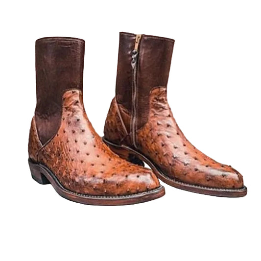 Handmade Men's Tan Brown Ostrich Leather Boots