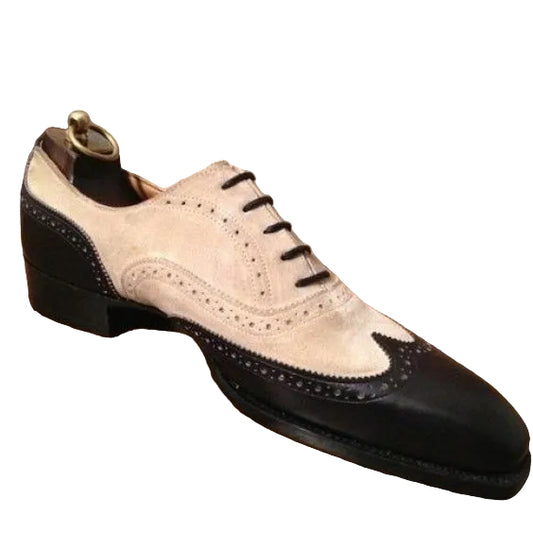 Men's Black & Beige Suede Leather Wingtip Oxford Shoes