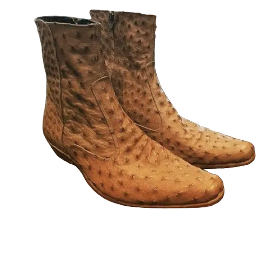 Men's Tan Zipper Closure Ostrich Leather Boots