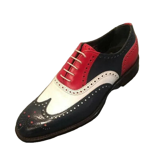 Handmade Men's Tri Tone Genuine Leather Wingtip Oxford Shoes