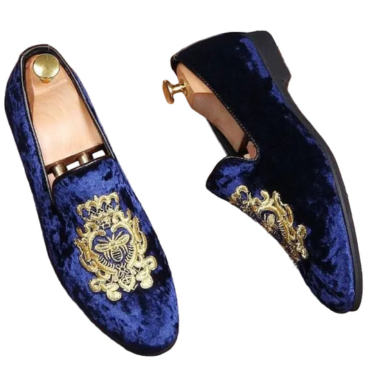 Handmade Men's Blue Embroidered Velvet Luxury Loafers