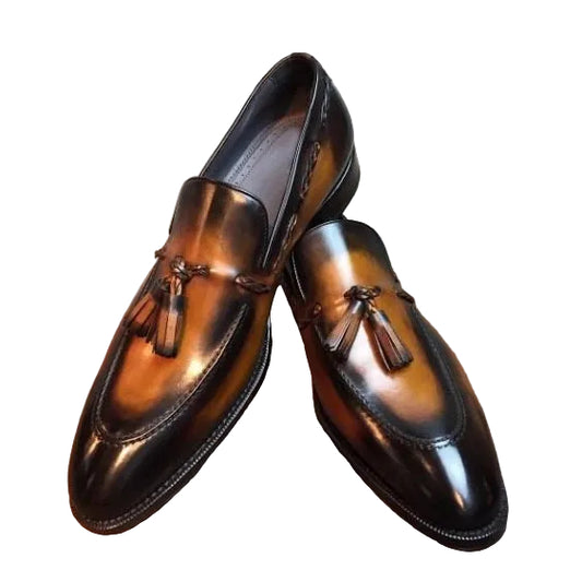 Handmade Men's Brown Patina Leather Tassel Loafers