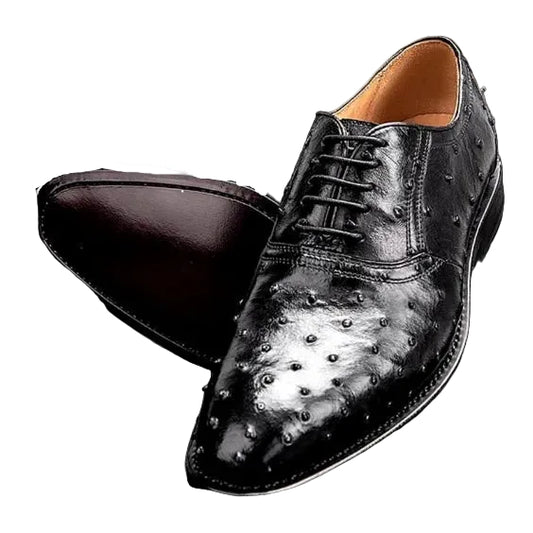 Men's Black Ostrich Impression Leather Oxford Shoes