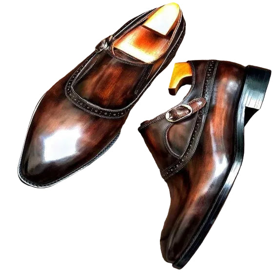 Men's Brown Patina Leather Monk Style Derby Shoes