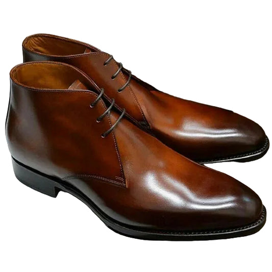 Handmade Men's Brown Leather Ankle High Chukka Boots