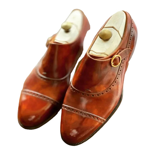 Handmade Men's Brown Leather Monk Buckle Shoes