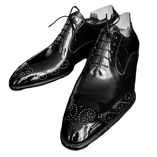 Men's Handmade Black Leather Medallion Toe Shoes