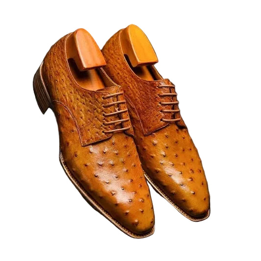 Handmade Men's Tan Derby Ostrich Leather Shoes