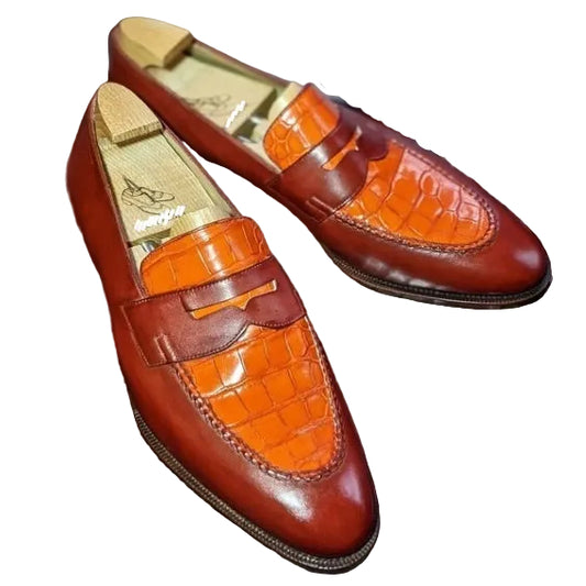 Men's Two Tone Tan Brown Alligator Leather Penny Loafers