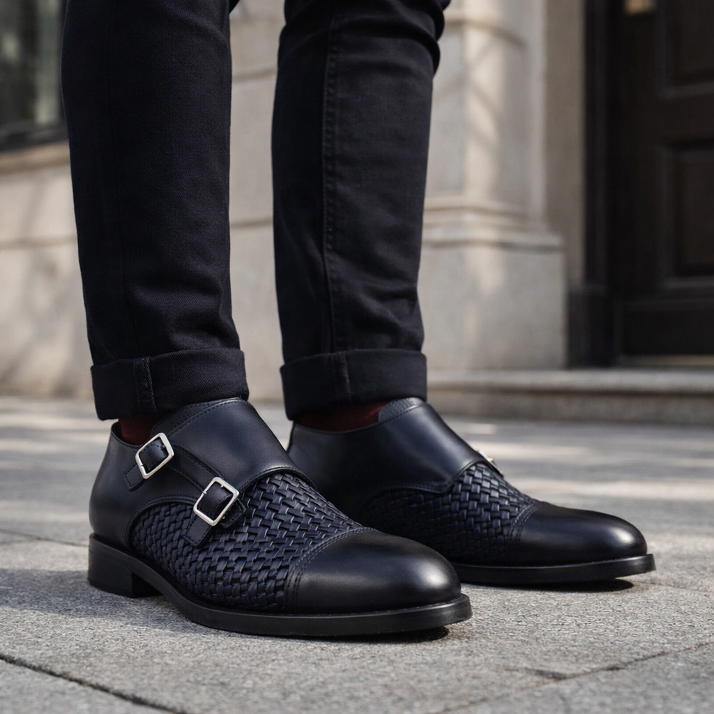 Men's Genuine Black Leather Double Monk Shoes