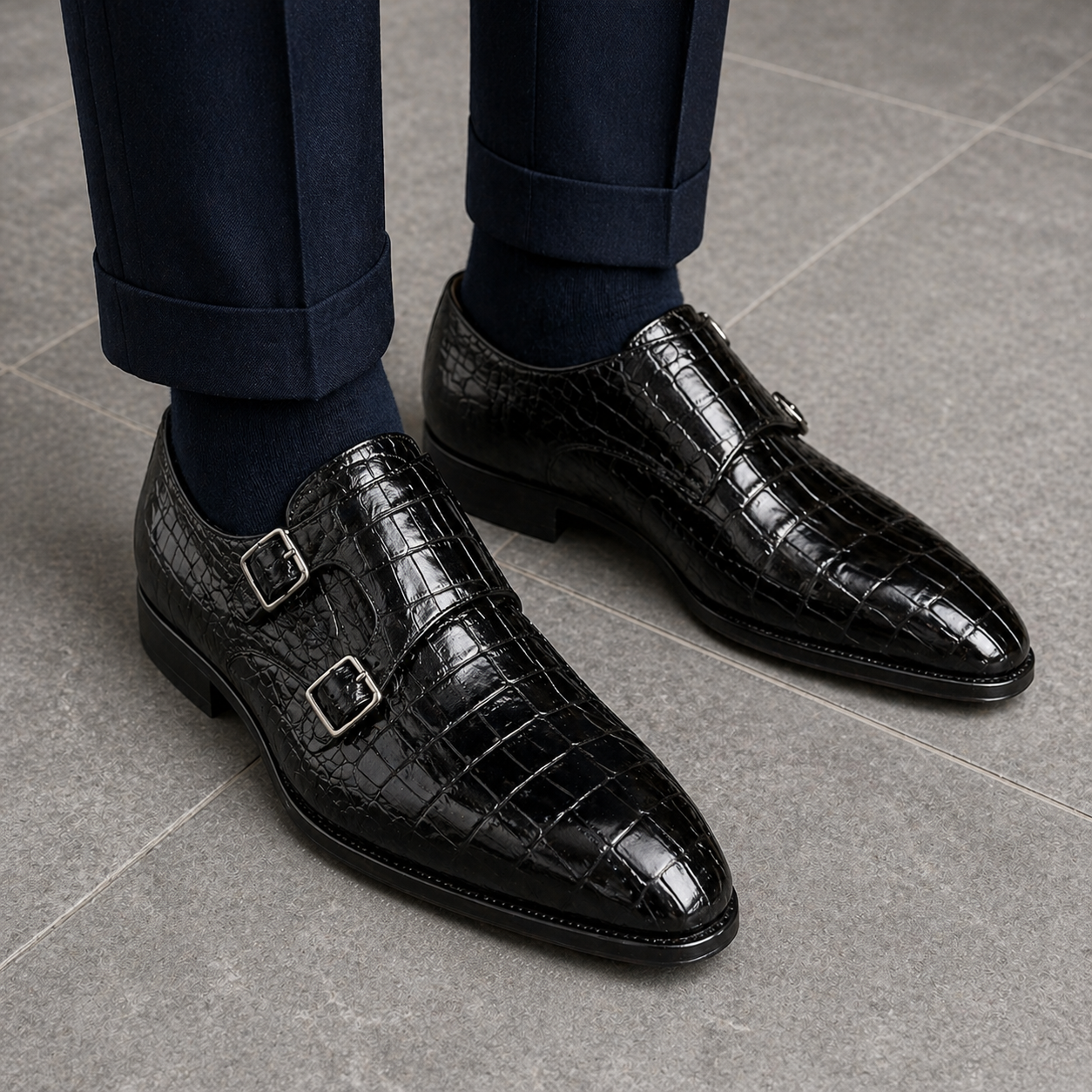 Men's Black Crocodile Texture Leather Monk Shoes