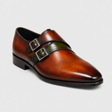 Handmade Men's Brown Patina Leather Double Monk Shoes