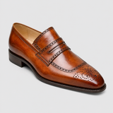 Men's Brown Patina Leather Brogue Penny Loafers
