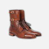 Men's Brown Leather Double Buckle Military Boots