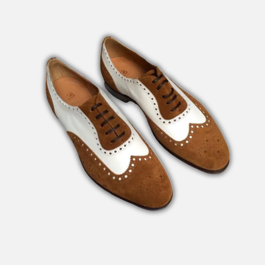 Men's Brown & White Suede Leather Wingtip Shoes