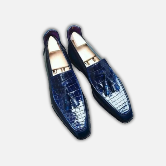 Men's Blue Alligator Texture Leather Tassel Loafers