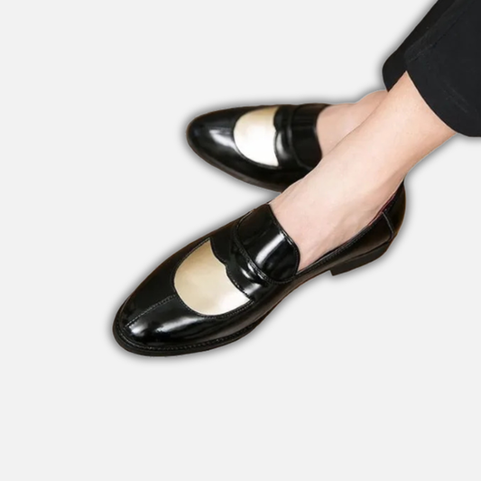 Men's Black & Beige Leather Penny Loafers