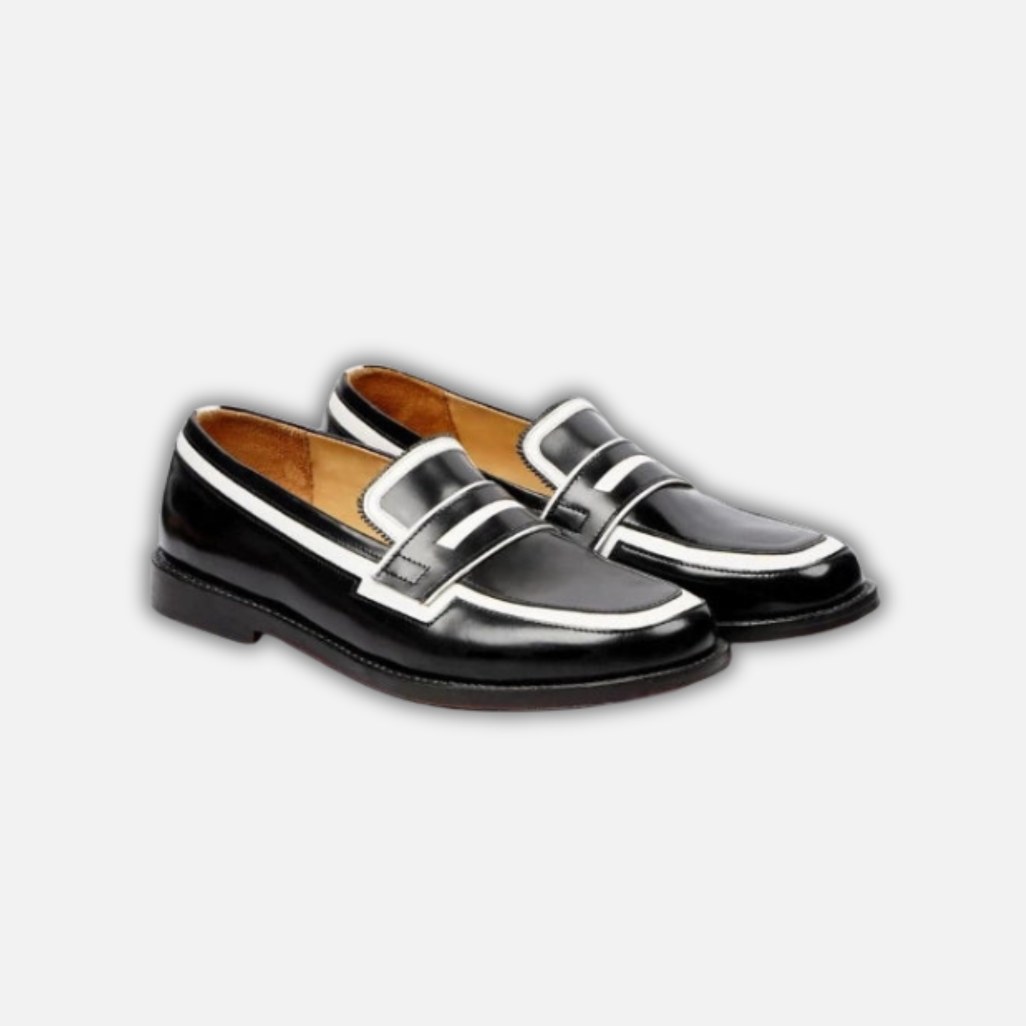 Handmade Men's Black & White Leather Penny Loafers