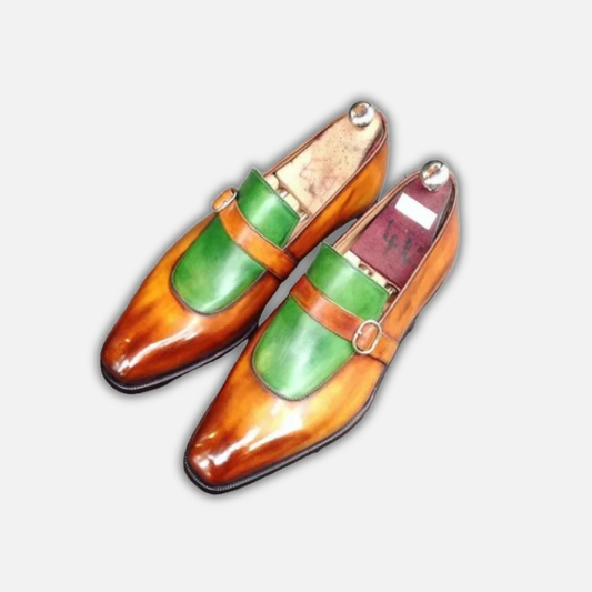 Men's Brown & Green Leather Monk Buckle Dress Loafers