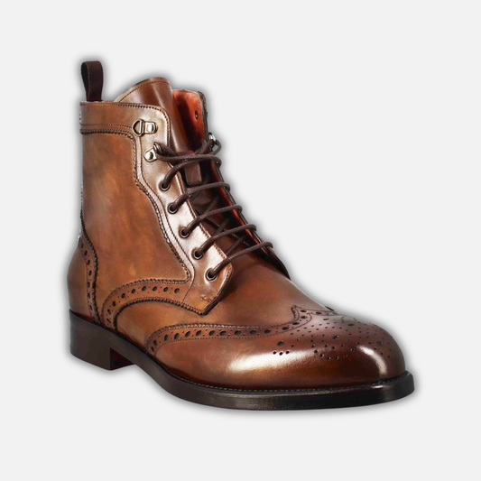 Men's high amphibious brogue boot in tan leather