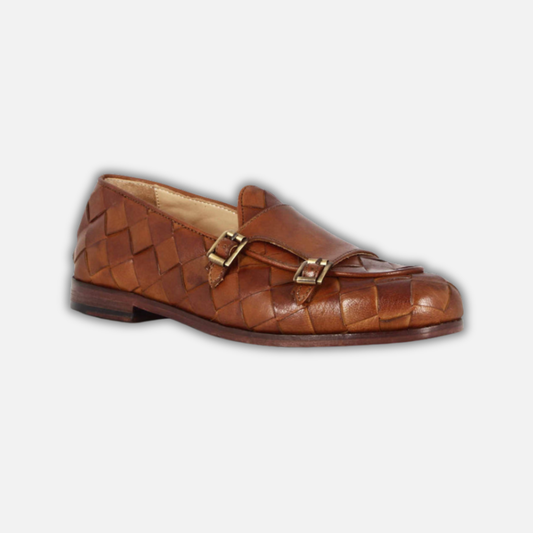 Brown moccasin with double golden buckle for men in woven leather
